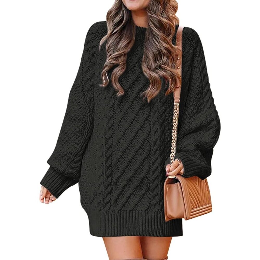 Women Oversized Cable Knit Sweater Black Chunky Long Sleeve Fall Winter Outfit
